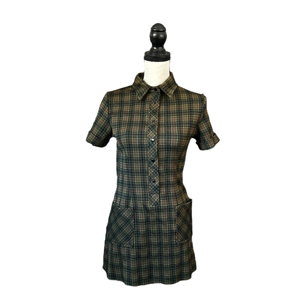 VTG Y2K Necessary Objects Green Plaid Micro Mini Shirtdress 90s Grunge Fall M